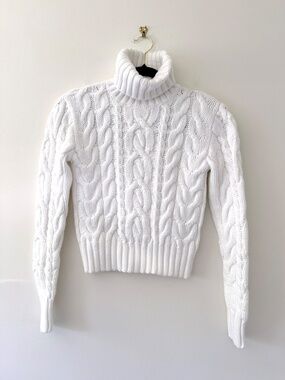 Ralph Lauren White Chunky Cable Knit Turtle Neck Cropped Cotton Sweater Classic